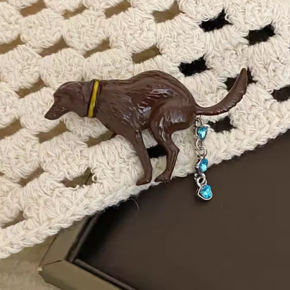 Pooping Brown Dog Brooch with Blue Accents - Picture 5 of 7